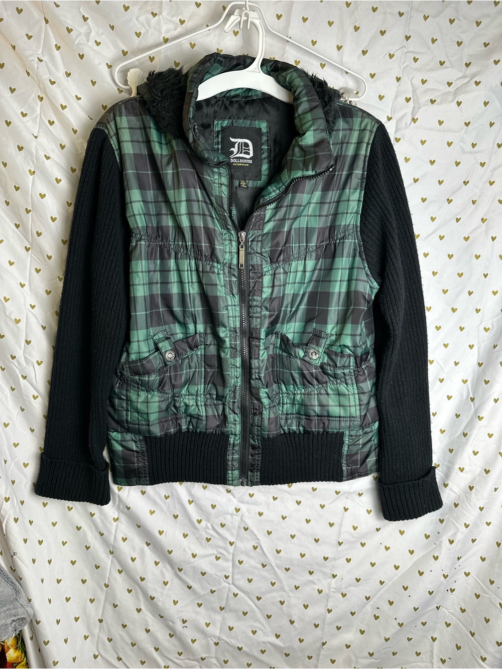 Vintage Dollhouse Y2K Plaid Mixed Media Puffer Jacket Sweater Sleeves XL